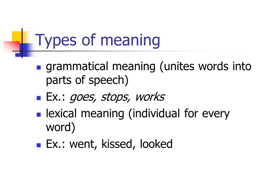 Types of meaning grammatical meaning (unites words into parts of speech) Ex.: goes, stops,